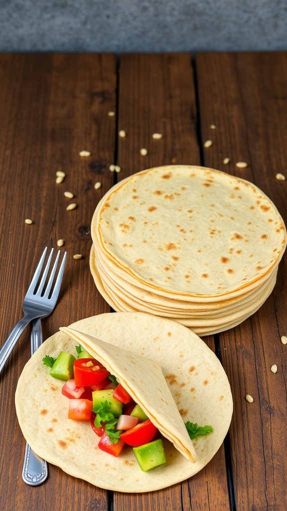 A stack of golden quinoa tortillas with fresh vegetable fillings on a wooden table.